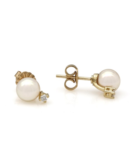 14KY Pearl Stud Earrings with Diamond Accents